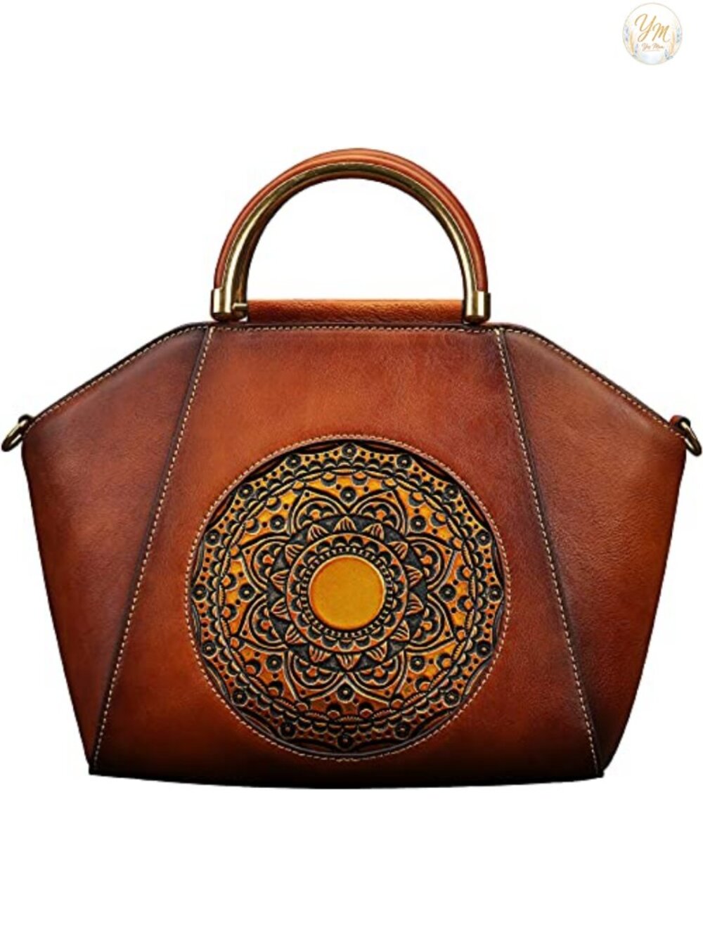Genuine Leather Top Handle Satchel Crossbody Bag with Retro Embossed Design
